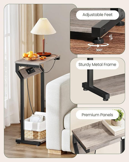 CHOEZON Narrow Side Table with Charging Station, 27" Skinny End Table for Small Spaces, Couch Table with Storage, Slim Tray Table with USB Ports, for Living Room, Bedroom, Greige and Black TBZ27UBG