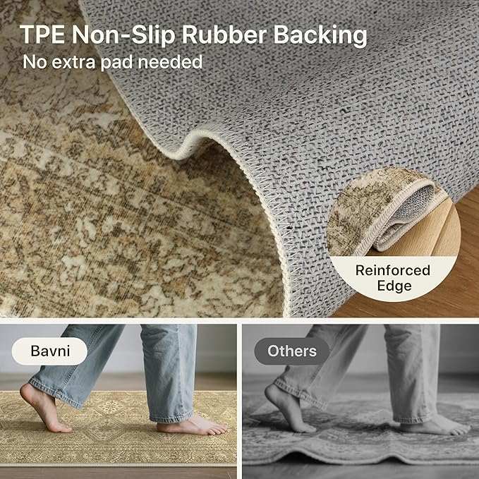 Bavni 8x10 Area Rug Washable Rug for Living Room Bedroom, Vintage Print Carpet, Low Pile Lightweight Mat with Non Slip Backing, Light Brown