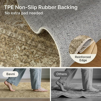 Bavni 3x5 Area Rug Washable Rug for Living Room Bedroom, Vintage Print Carpet, Low Pile Lightweight Mat with Non Slip Backing, Light Brown