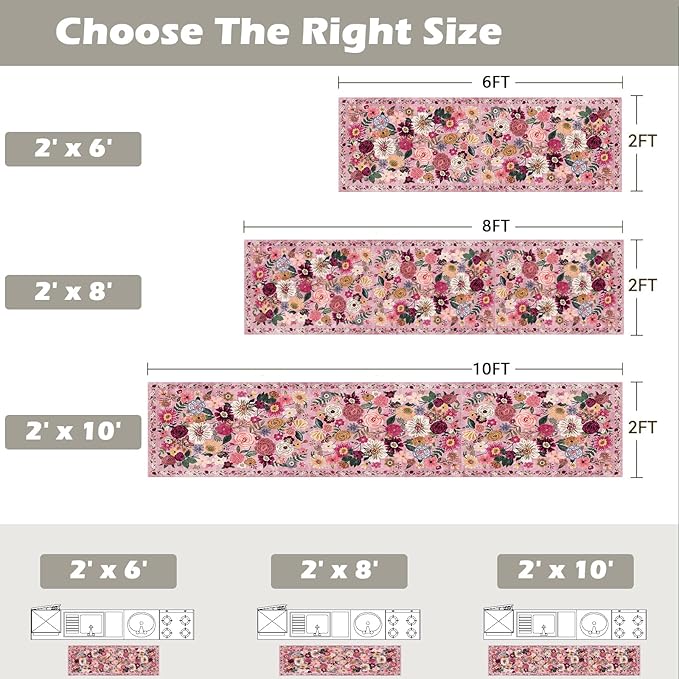 Pink Rug for Hallways Kitchen Rug 2x6, Non Slip Washable Rugs with Rubber Backing Soft Floral Carpet Runner for Hallways, Kitchen, Laundry, Bedroom, Bathroom