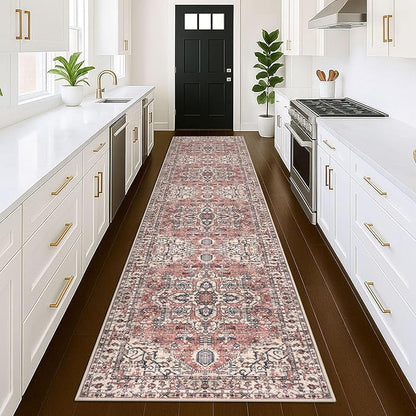 KOZYFLY Runners for Hallways 3x12 Ft Extra Long Washable Faux Wool Thin Hallway Rug Boho Runner Carpet Printed Entryway Rug for Bedroom Stairs Kitchen Living Room Hall, Red Salmon/Pink/Navy