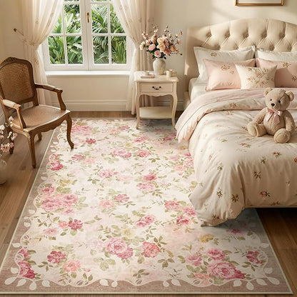Lahome Washable Area Rug 6x9,Nursery Rug Girl Living Room Rug 6x9, Vintage Girls Rugs for Bedroom Ultra-Thin Non Slip Carpet for Playroom Dining Room Dorm Nina (6'X9',Beige)