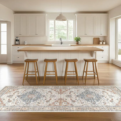 Runner Rug Kitchen Washable Rugs: 2x5 Non-Slip Boho Vintage Distressed Stain Resistant Indoor Neutral Farmhouse Throw Carpet for Hallway Bathroom Laundry Room Entryway Bedroom- Beige Blue