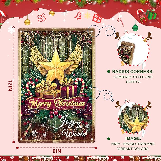 Christmas Decorations Outdoor Yard Signs - 12x8 In Golden Winged Star & Stained-Glass Sign with Merry Christmas & Joy to the World Sign for Home Kitchen Holiday Wall Decor Outdoor Gathering Spaces