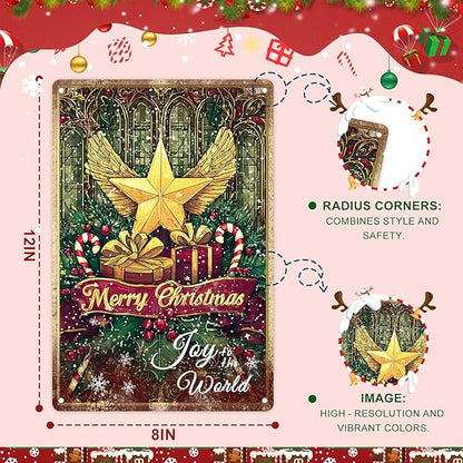 Christmas Decorations Outdoor Yard Signs - 12x8 In Golden Winged Star & Stained-Glass Sign with Merry Christmas & Joy to the World Sign for Home Kitchen Holiday Wall Decor Outdoor Gathering Spaces