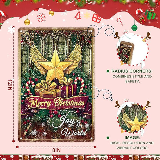 Christmas Decorations Outdoor Yard Signs - 12x8 In Golden Winged Star & Stained-Glass Sign with Merry Christmas & Joy to the World Sign for Home Kitchen Holiday Wall Decor Outdoor Gathering Spaces