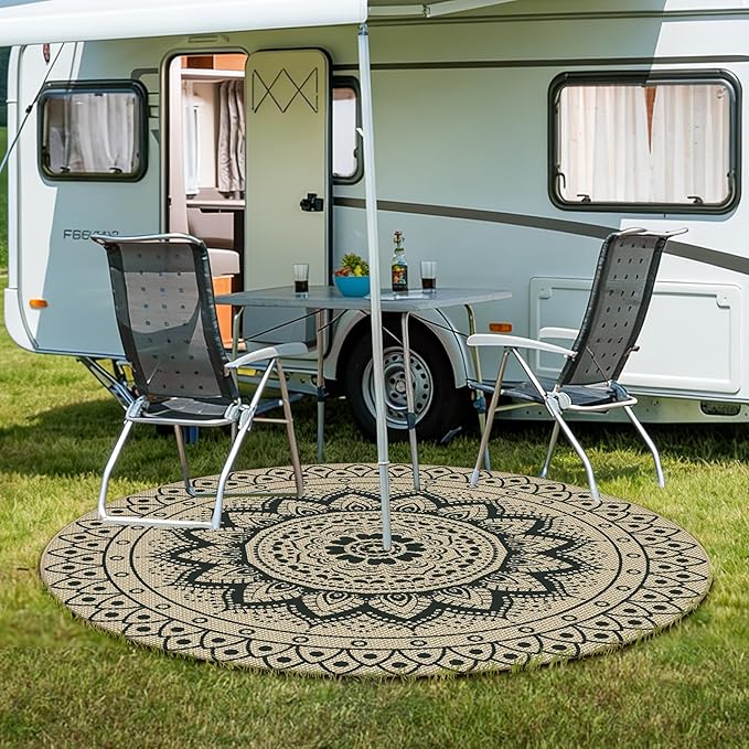 Easy Jute Outdoor Round Rug, 6ft Washable Indoor Outdoor Patio Rug, Black Non Slip Round Area Rug Farmhouse, Boho Carpet for Backyard Patio