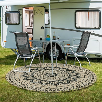 Easy Jute Outdoor Round Rug, 6ft Washable Indoor Outdoor Patio Rug, Black Non Slip Round Area Rug Farmhouse, Boho Carpet for Backyard Patio
