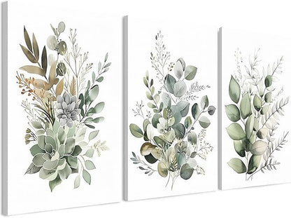 FYLDPSB 3 PCS Unframed Watercolor Floral Canvas Wall Art, Boho Sage Green Wildflower Wall Decor, Modern Flowers and plants Painting Print for Bedroom Living Room Bathroom Decorations 16''L x 24''W