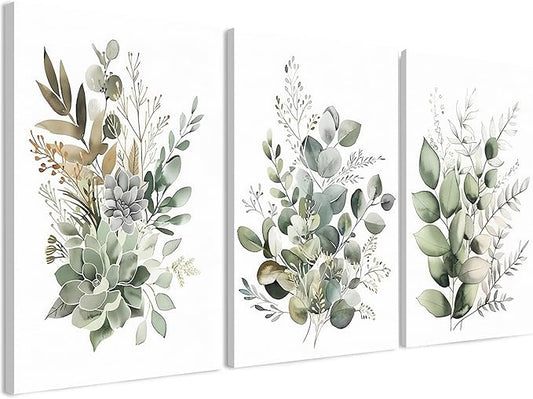 FYLDPSB 3 PCS Unframed Watercolor Floral Canvas Wall Art, Boho Sage Green Wildflower Wall Decor, Modern Flowers and plants Painting Print for Bedroom Living Room Bathroom Decorations 16''L x 24''W