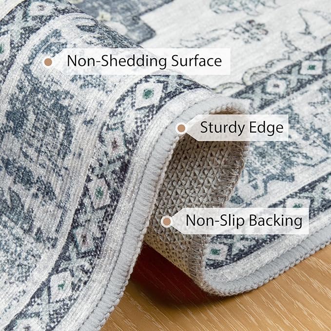 BESTSWEETIE 2x3 Area Rug Washable Rugs for Living Room, No Pile Boho Carpet for Entryway Bedroom Dinning Room, Vintage Carpet Print Distressed Non-Slip, 2 x 3 ft, Blue Grey White