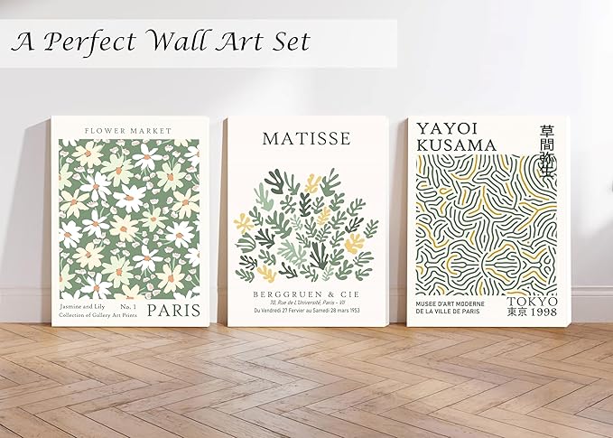 Induslyfe Large Framed Green Wall Art Canvas Decor Set of 3, Matisse Wall Art Framed Prints Posters Mid Century Modern Art, Aesthetic Floral Botanical Wall Art for Bedroom, Living Room, Bathroom 18x24