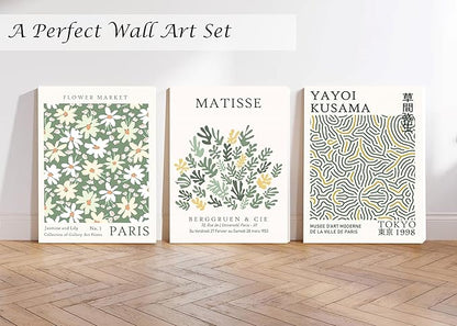 Induslyfe Large Framed Green Wall Art Canvas Decor Set of 3, Matisse Wall Art Framed Prints Posters Mid Century Modern Art, Aesthetic Floral Botanical Wall Art for Bedroom, Living Room, Bathroom 18x24