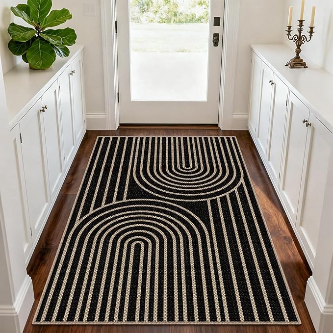 Easy Jute Rugs for Entryway, 3' x 5' Indoor Outdoor Rug, Black Farmhouse Washable Ultra-Thin Non-Slip Area Rug for Foyer, Backdoor, Living Room, Kitchen, Bedroom, Balcony
