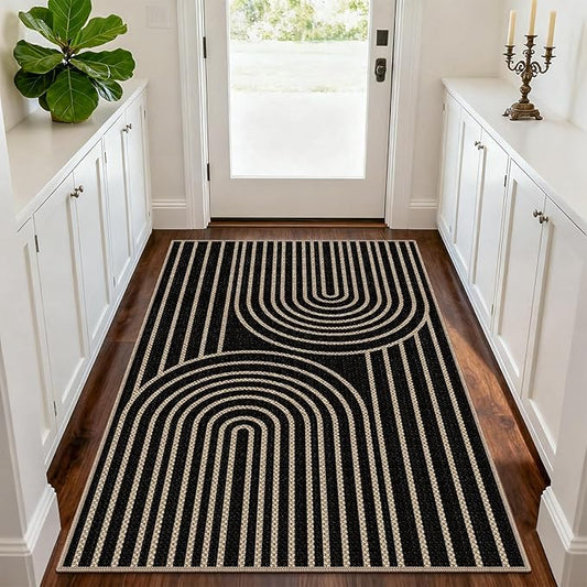 Easy Jute Rugs for Entryway, 3' x 5' Indoor Outdoor Rug, Black Farmhouse Washable Ultra-Thin Non-Slip Area Rug for Foyer, Backdoor, Living Room, Kitchen, Bedroom, Balcony