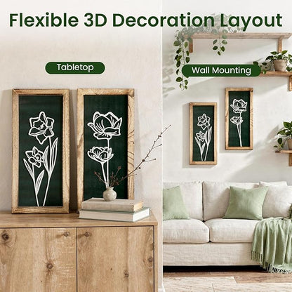 3D Floral Wall Art with 7''×16'' Botanical Textured Framed Artwork Decor Wall Art for Living Room Bedroom Office Bathroom Decor Wall Modern Boho Farmhouse Decor Wooden Ready to Hang (Set of 2)