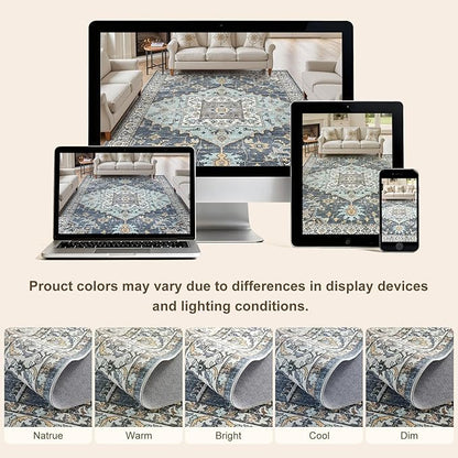 10x12 Washable Area Rugs for Living Room: Non Slip Vintage Blue Yellow Rug, Large Soft Stain Resistant Indoor Floor Carpets for Bedroom Dining Room Nursery Home Office Kid & Pet Friendly