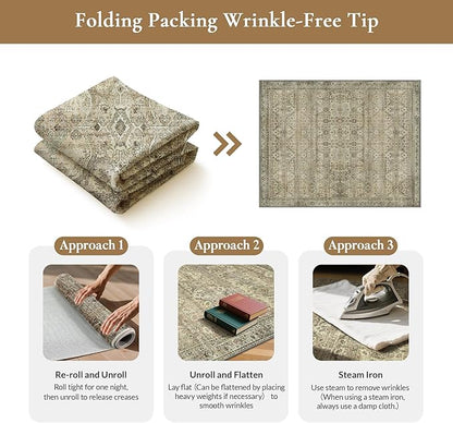 GENIMO 2x3 Area Rugs for Living Room, Machine Washable Non Slip Vintage Rugs, Low Pile Lightweight Chenille Print Rug for Bedroom, Dining Room, Home Office, Green Khaki