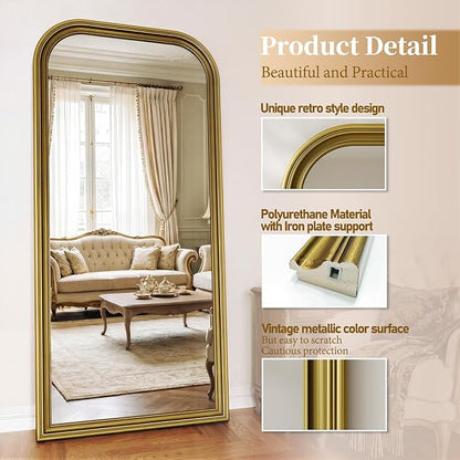 Full Length Mirror with Stand, 71"x32" Full Body Mirror, Floor Length Mirrors Wall Mounted with Rounded Top, Large Standing Mirrors, PU Frame, for Bedroom Living Room Cloakroom, Antique Gold