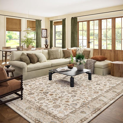 Washable Area Rugs for Living Room: 9x12 Bedroom Rug Boho Vintage Area Rug Stain Resistant Non Slip Low Pile Lightweight Soft Carpets for Dining Room Kitchen Nursery Kids Room Playroom Home Office