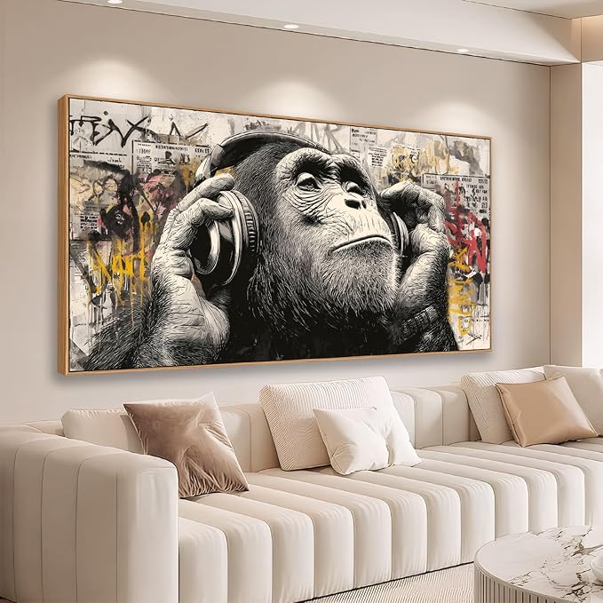 Sorbrozo Urban Graffiti Gorilla with Headphones Wall Art - Colorful Animal Canvas Painting Modern Home Decor for Living Room Boys Bedroom Music DJ Theme Gift Idea 20x40in