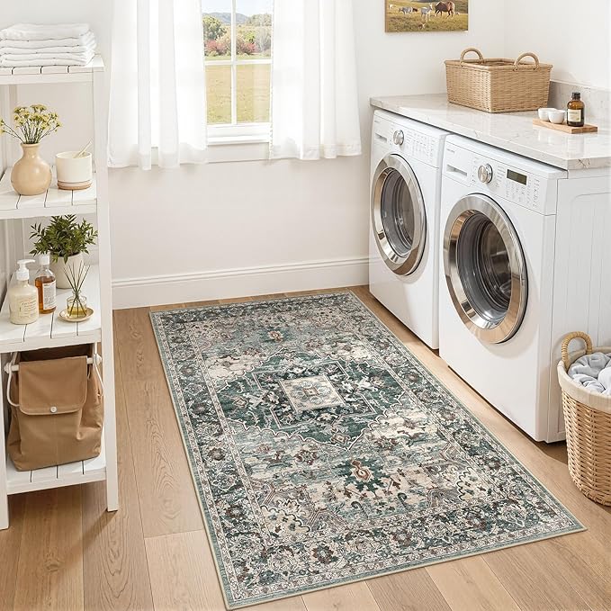 3x5 Washable Area Rugs for Living Room: Non Slip Vintage Green Rug, Large Soft Stain Resistant Indoor Floor Carpets for Bedroom Dining Room Nursery Home Office Kid & Pet Friendly