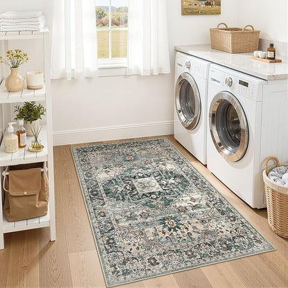 3x5 Washable Area Rugs for Living Room: Non Slip Vintage Green Rug, Large Soft Stain Resistant Indoor Floor Carpets for Bedroom Dining Room Nursery Home Office Kid & Pet Friendly