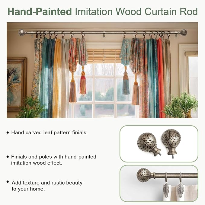 QDWIS 2 Pack Silver Curtain Rods for Windows 48 to 84 Inch,1'' Diameter Drapery Rods with Leaf Pattern Finials,Boho Adjustable Heavy Duty Curtain Rods Set,36-88'',Retro Silver