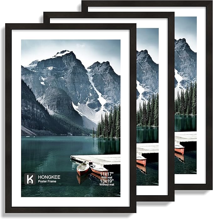 Hongkee 13x19 Picture Frame Set of 3 - Display 11x17 Photo with Mat or 13 x 19 Poster without Mat, Wall Mounting Horizontal and Vertical, Black