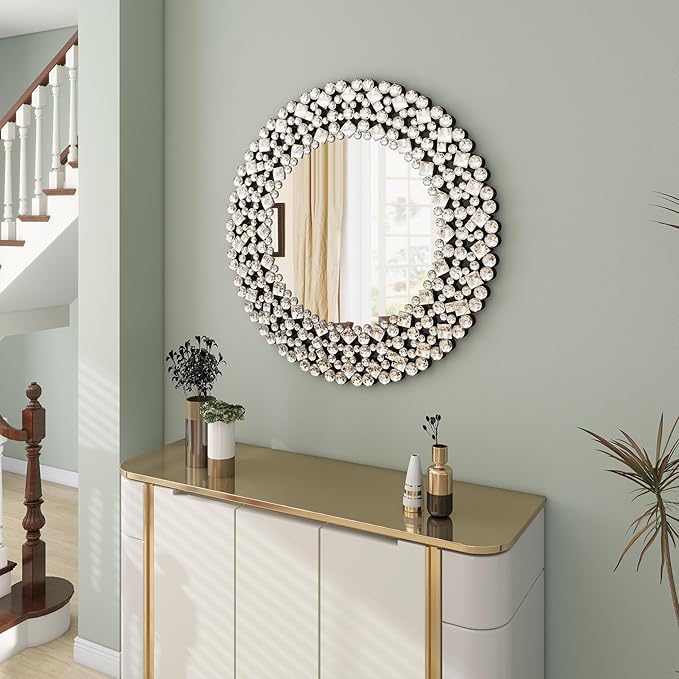 SHYFOY 34" Round Mirrors for Wall Decor,Oversize Jeweled Ornate Wall Mirror Decorative Accent Mirror Chic and Sparkly for Living Room Bathroom Bedroom Fireplace Home Decor