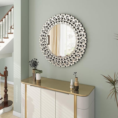 SHYFOY 34" Round Mirrors for Wall Decor,Oversize Jeweled Ornate Wall Mirror Decorative Accent Mirror Chic and Sparkly for Living Room Bathroom Bedroom Fireplace Home Decor