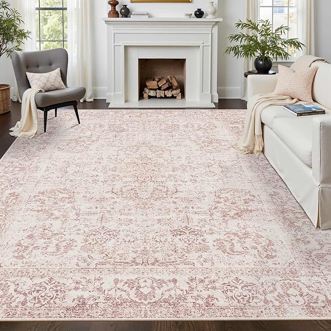 Rugxara 8x10 Pink Area Rug for Living Room & Bedroom, Large Washable Rugs for Nursery,Girls Room,Non Slip, Durable Low Pile Carpet, Vintage Carpets for Office, Dining Room, Kids Room and Farmhouse