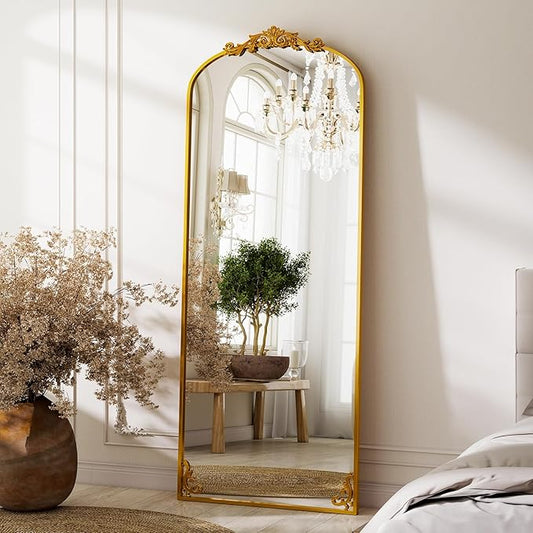 GLSLAND 56"x21" Vintage Full Length Mirror - Carved Arched Floor Standing Mirror, Baroque Full Body Mirrors for Bedroom Living Room Entryway, Gold Frame