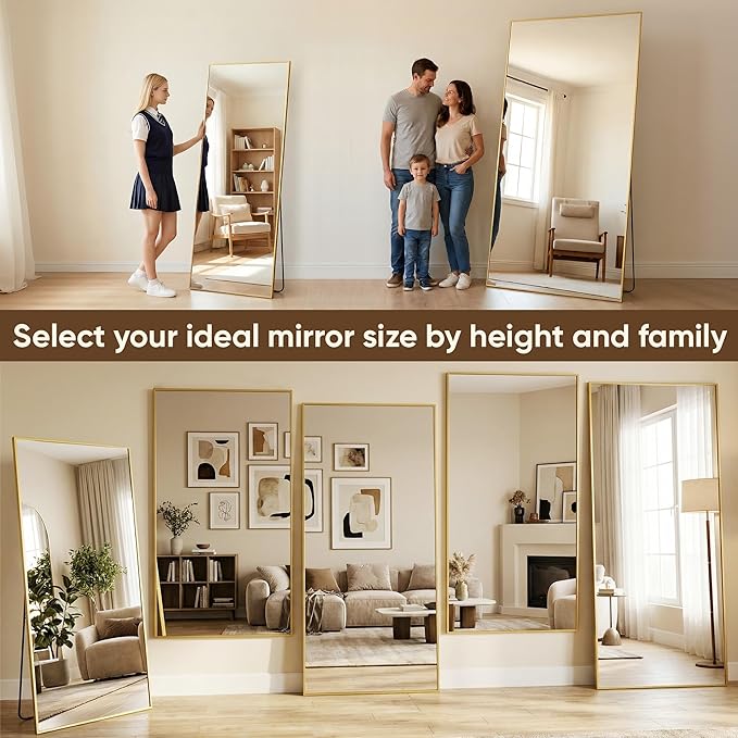 Antok 86''x46'' Full Length Mirror, Shatterproof HD Oversized Floor Mirror with Stand, Aluminum Alloy Frame Leaning Standing or Wall Mounted Mirror for Bedroom Living Room Entryway, Gold