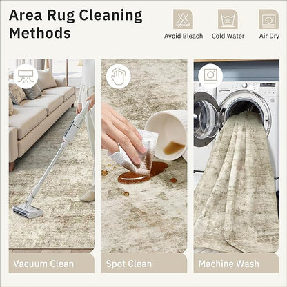 Soalmost Washable Area Rug 8x12, Large Soft Rugs for Living Room Vintage Beige Gray Carpet 8x12 Area Rugs for Bedroom Dining Room Non-Slip Stain Resistant Under Table Rug