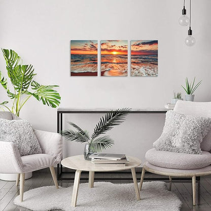 TutuBeer 3 Pcs Picture of the Beach Ocean Pictures Blue Sea Beach at Sunrise Art Print on Canvas Sea Wall Decor Ocean Wall Art Seascape Canvas Stretched and Framed 16" x 24" x 3 Pcs