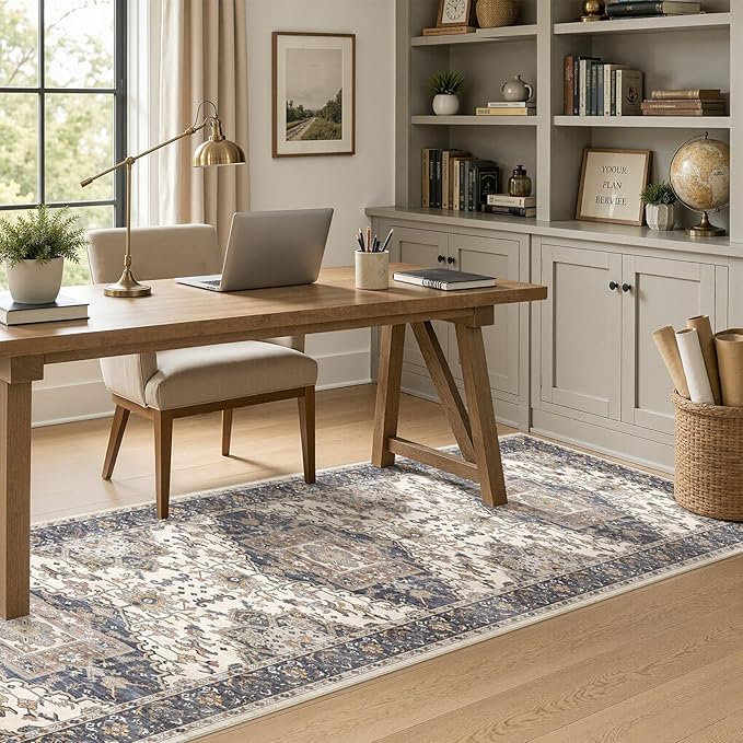 Washable 3x8 Runner Rugs: Non Slip Vintage Blue Beige Area Rugs for Living Room, Large Soft Stain Resistant Indoor Floor Carpets for Bedroom Dining Room Nursery Home Office Kid & Pet Friendly