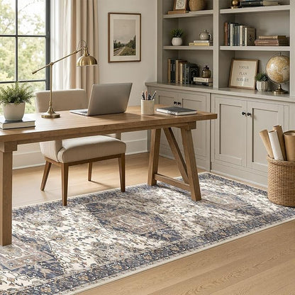 Washable 3x8 Runner Rugs: Non Slip Vintage Blue Beige Area Rugs for Living Room, Large Soft Stain Resistant Indoor Floor Carpets for Bedroom Dining Room Nursery Home Office Kid & Pet Friendly