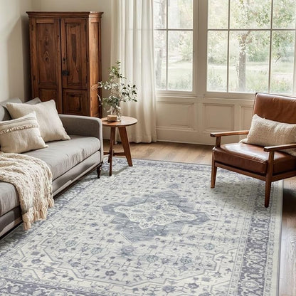 Rugxara Washable Area Rug for Living Room, Vintage Boho Rugs for Office, Dining Room, Kids Room, Farmhouse, Durable Low Pile Non Slip Carpet for High Traffic Areas, Blue Quartz(4x6ft)