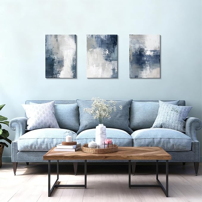 WENGTIAO 3 Pcs Navy Blue Abstract Canvas Wall Art Prints Modern Minimalist Blue Gray Artwork for Walls Framed White Neutral Poster Paintings Decor for Living Room Bedroom Bathroom Office 16x24x3Pcs