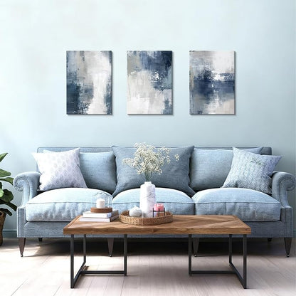 WENGTIAO 3 Pcs Navy Blue Abstract Canvas Wall Art Prints Modern Minimalist Blue Gray Artwork for Walls Framed White Neutral Poster Paintings Decor for Living Room Bedroom Bathroom Office 16x24x3Pcs