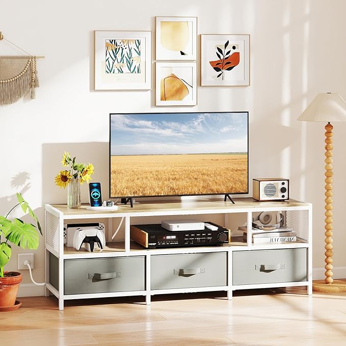 Tangkula Farmhouse TV Stand for TVs up to 65", 3-Tier Entertain Center with Power Outlets USB Charging, Media Console Table with Open Shelf & 3 Fabric Storage Drawers for Living Room (Natural)
