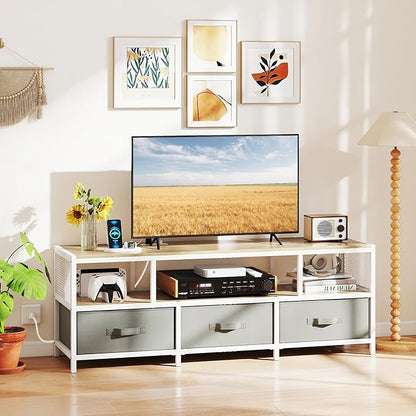 Tangkula Farmhouse TV Stand for TVs up to 65", 3-Tier Entertain Center with Power Outlets USB Charging, Media Console Table with Open Shelf & 3 Fabric Storage Drawers for Living Room (Natural)