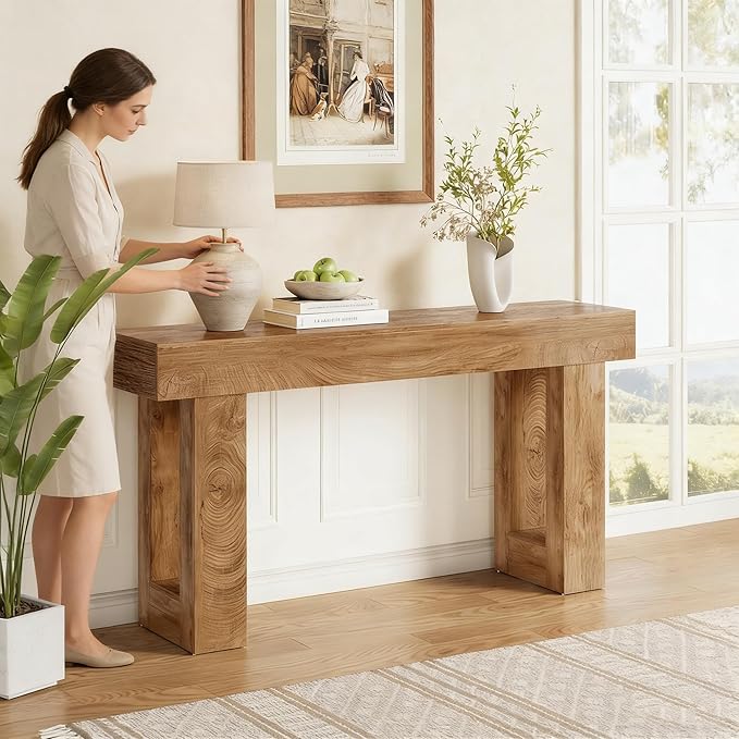 LITTLE TREE 63 Inches Long Console Table for Entryway, Sofa Table Behind Couch, Wooden Entry Table Foyer Hallway Table, Industrial Console Sofa Table for Living Room, Oak Color
