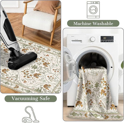 Floral 2x3 Washable Vintage Entryway Rug Non Slip Low Pile Small Rugs, Front Door Rugs for Entrance Kitchen Bedroom Laundry Bathroom,Beige White