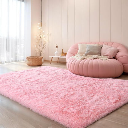 KICHOWUA Thick Area Rug 5x8 Pink Fluffy Fuzzy for Girls Bedroom, Washable Plush Pastel Big Rugs for Living Room, Modern Soft Shag Shaggy Furry Thickened Toddler Nursery Kids Dorm Room Carpet