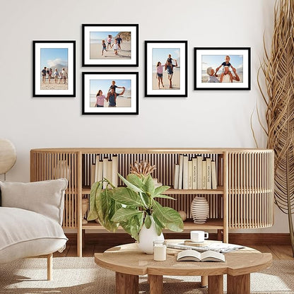 Americanflat 11x15 Picture Frame with Polished Plexiglass - Set of 5 - Use as 8x12 Frame with Mat or Display 11x15 Photo Without Mat - Galleria Collection - Picture Frames for Wall Display - Black