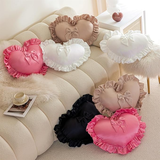 MOJUN Heart Pillow, Cute Soft Heart Shaped Throw Pillow Ruffle Love Bow Pillow Decorative Pillows Cushion for Couch Sofa Living Room Bed Chair Wedding Gifts Pillows, Champagne