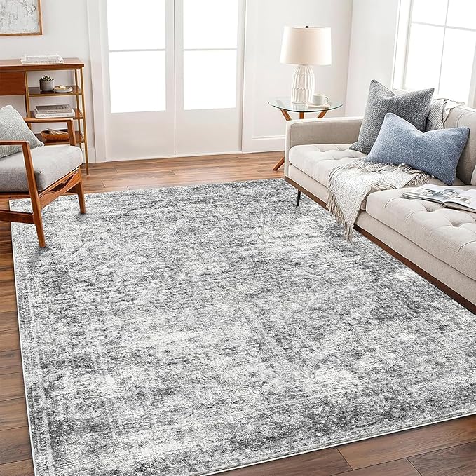 CHAMPLANT Area Rug 6x9 Washable Rug Gray Vintage Traditional Floor Cover Thin Rug Retro Kitchen Indoor Distressed Non Slip Carpet Floral Print Mat Living Room Bedroom Dining Room