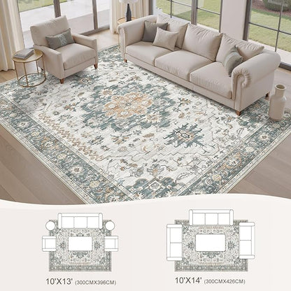 EIEIHOUSE Washable Area Rugs for Living Room -10x13 Neutral Vintage Distressed Floral Farmhouse Boho Large Soft Floor Rug Indoor Non Slip Carpet for Living Room Bedroom Dining Room Office-Green/Grey